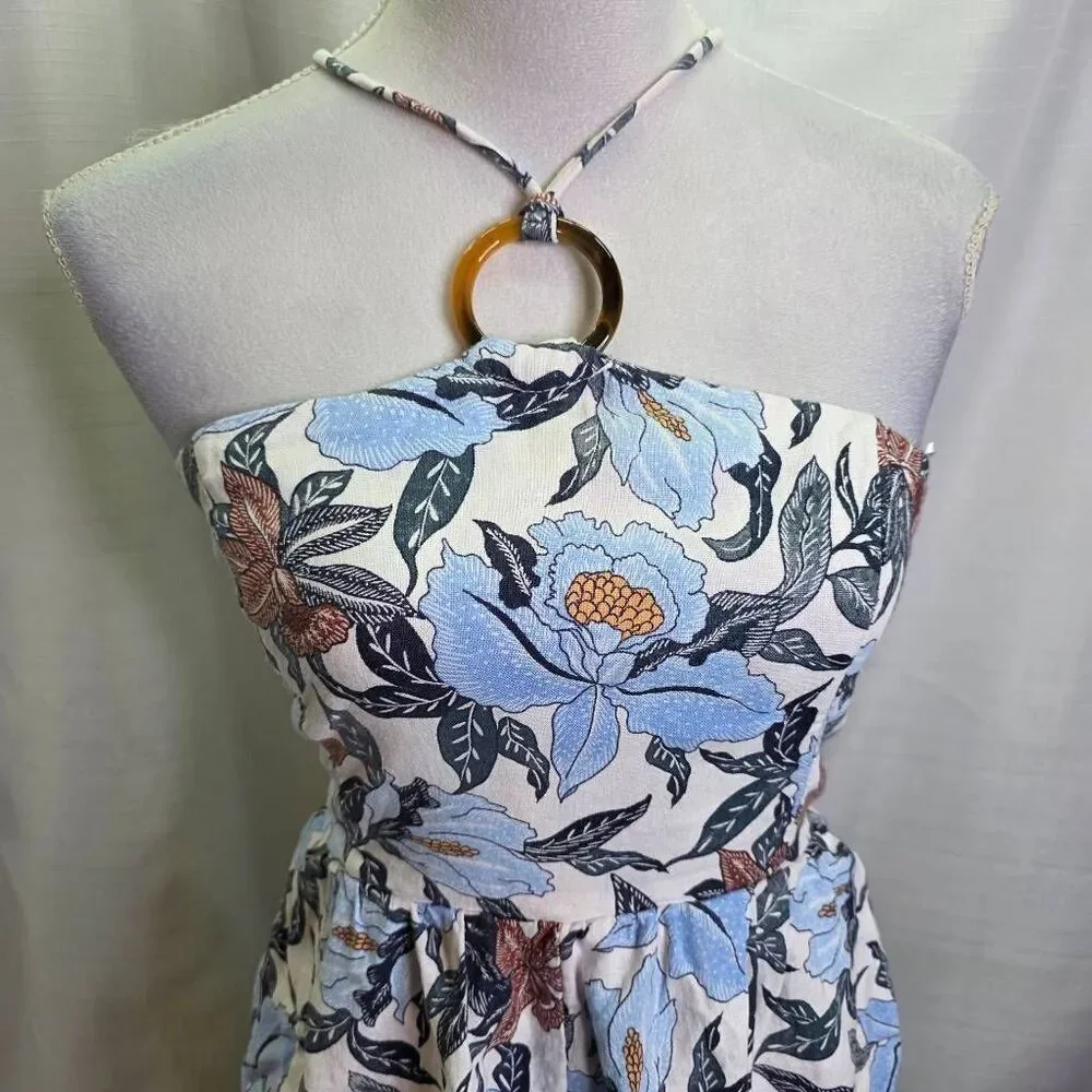 Old Navy Blue Floral Linen Blend O-Ring Halter Romper Size Medium